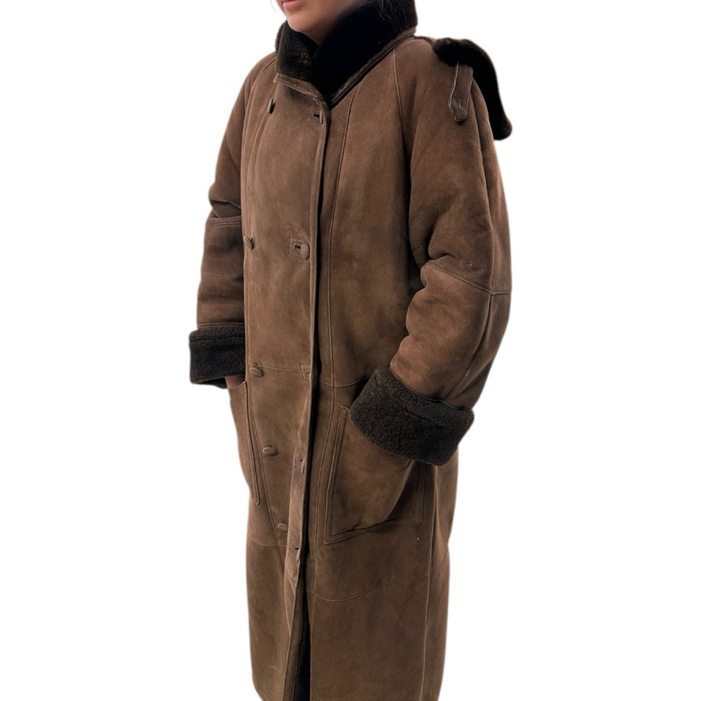 Vintage Brown Sheepskin Coat with Removable Hood